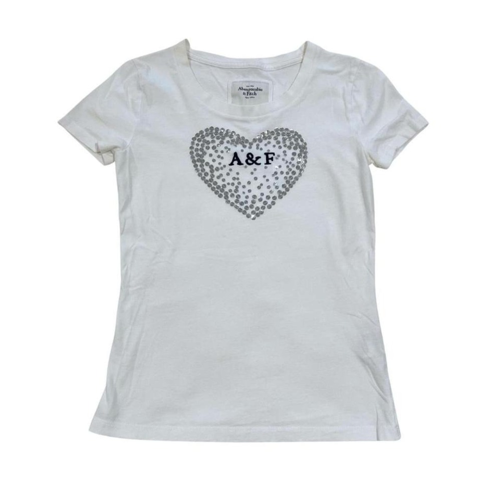 Y2K white Abercrombie & Fitch heart rhinestone sequin baby tee